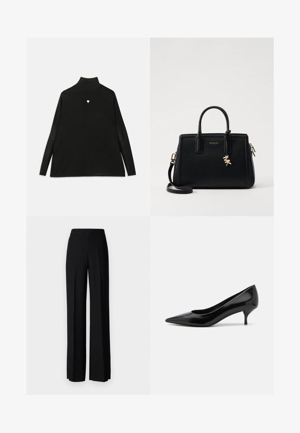 Black turtleneck sweater with long sleeves, featuring a small white heart emblem on the chest. Soft fabric and relaxed fit.; Black wide-leg trousers with a smooth texture, featuring a high waistband and center pleats. No visible patterns or hardware details.; Black patent leather high heel shoe with a pointed toe and a low stiletto heel. Smooth texture and minimalist design, no visible patterns or accents.; Black leather handbag with structured design, dual top handles, detachable shoulder strap, gold hardware, and a logo charm accent.