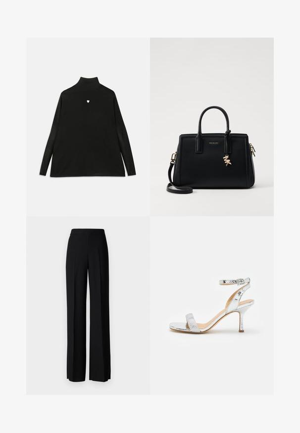Svart høyhalset genser med lange ermer, med et lite hvitt hjerteemblem på brystet. Mykt stoff og løs passform.; Sorte vidde bukser med en glatt tekstur, med høy midje og sentrale folder. Ingen synlige mønstre eller maskinvaredetaljer.; Sølv høye hæler med teksturert reptilmønster, ankelrem og tynn stilettohæl, som viser en slank, minimal design.; Svart skinnhåndveske med strukturert design, doble topphåndtak, avtakbar skulderrem, gullfarget hardware og en logo-detalj.