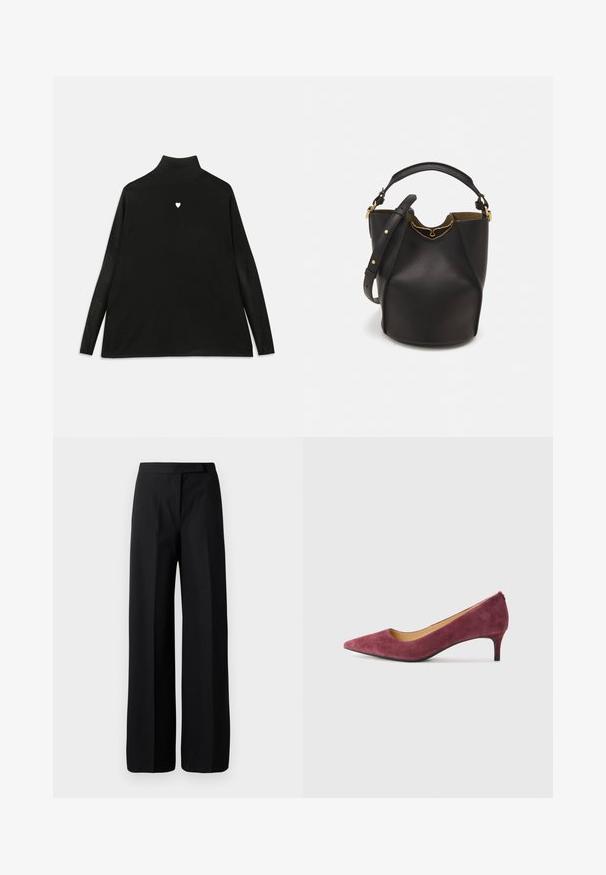 Črna rolka s dolgimi rokavi, ki ima majhen bel srčni emblem na prsih. Mehak material in sproščen kroj.; Široke črne hlače z gladko, mat teksturo. Ravno pasu brez vidnih kovinskih delov ali vzorcev. Preprost in eleganten dizajn.; Burgundska sametna visoka peta s koničastim prstom, nizko peto in gladkim notranjim oblogom. Teksturirana zunanjost in eleganten, klasičen dizajn.; Črna usnjena torba v obliki kante z teksturirano površino, z zlatimi kovinskimi detajli in odprtim vrhom. Ima kratek ročaj in prilagodljiv ramenski trak.