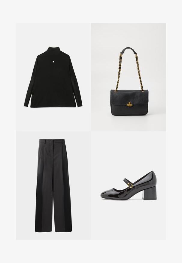 Maglione nero a collo alto con maniche lunghe, caratterizzato da un piccolo emblema a forma di cuore bianco sul petto. Tessuto morbido e vestibilità rilassata.; Pantaloni neri a gamba larga con vita alta, caratterizzati da pieghe frontali, una texture liscia e una finitura sartoriale. Progettati per un fit rilassato.; Stuart Weitzman STUART - Decolleté - black; Borsa a tracolla nera in pelle con pattina pieghevole, tracolla in catena dorata e dettaglio con logo sul davanti. Texture liscia.
