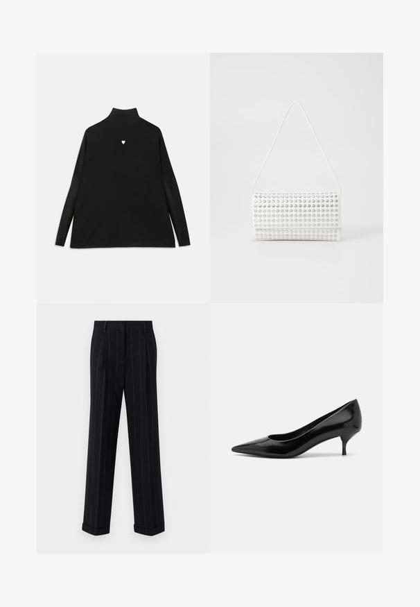 Zwart coltrui met lange mouwen, voorzien van een klein wit hartembleem op de borst. Zacht materiaal en een ontspannen pasvorm.; Zwarte broek met streepjes in een getailleerde pasvorm, voorzien van een omgeslagen zoom en voorplooien. Gemaakt van een gladde stof met een gestructureerd ontwerp.; Zwarte lakleren hoge hak schoen met een spitse neus en een lage stiletto hak. Glad oppervlak en minimalistisch ontwerp, geen zichtbare patronen of accenten.; Witte handtas met een ronde vorm, met een textuur van zilveren studs. Het heeft een dunne schouderband en een strakke sluiting.
