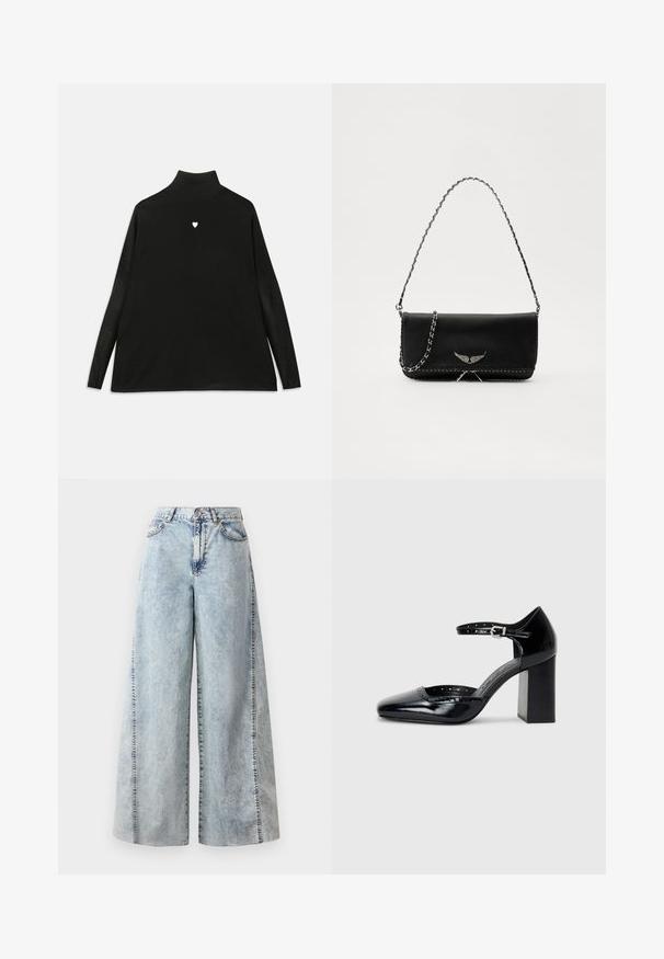 Mustalane särk pikki varrukatega, millel on rinna peal väike valge südame sümbol. Pehme kangas ja mugav lõige.; Heled sinised laiad teksad, mis on valmistatud denimist, kontrastsete õmblustega, kõrge vöökohaga ja kahe küljetaskuga. Omab mugavat, la loose sobivust.; Mustad lakknahk kingad kõrge kontsaga, ruudukujulise varbaga, pahkluu rihmaga ja paksu kontsaga. Sisaldab perforatsioonidega detaile ääres.; Mustvalge nahk käekott hõbedase ahelsanga ja dekoratiivsete tiivaaktsentidega, samuti valgete õmblustega alumises ühenduses.