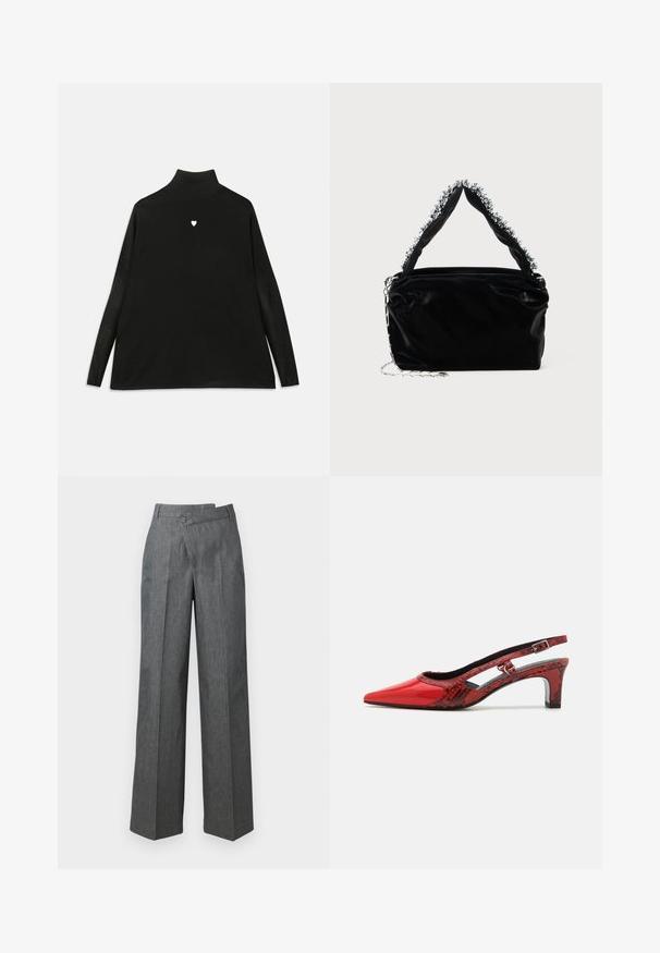 Schwarzer Rollkragenpullover mit langen Ärmeln, ausgestattet mit einem kleinen weißen Herz-Emblem auf der Brust. Weicher Stoff und lockere Passform.; Weite Hosen aus dunkelgrauem Stoff, mit hoher Taille, Vorderfalten und einem seitlichen Knopfverschluss.; MAX&Co. BLAIR - Pumps - rot; Schwarze Handtasche aus Kunstleder mit strukturiertem Finish, ausgestattet mit einem mit Perlen verzierten silbernen Akzent am oberen Griff und einem Kettenriemen.