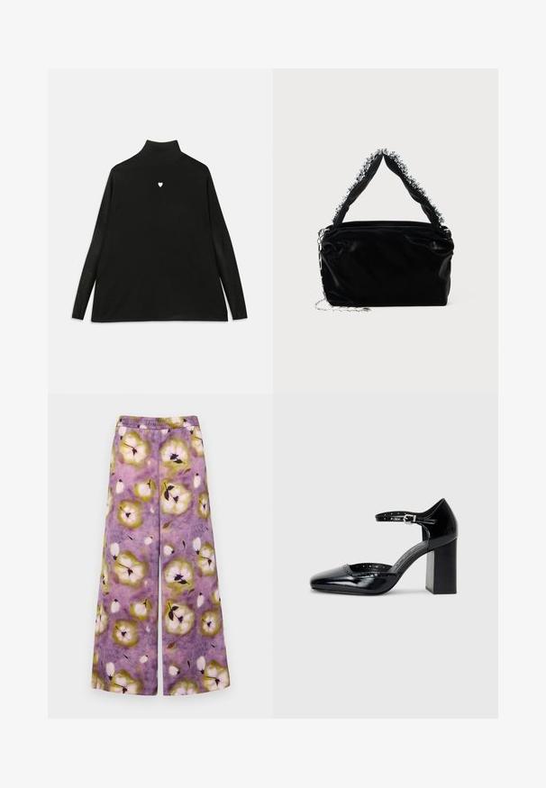 Svart høyhalset genser med lange ermer, med et lite hvitt hjerteemblem på brystet. Mykt stoff og løs passform.; MAX&Co. ACRUX - Bukse - lila; Sorte lakk lær høye hæler med firkantet tå, ankelrem og chunky hæl. Inkluderer perforerte detaljer langs kanten.; Svart veske i faux lær med tekstur, med en perlet sølvdetalj langs det øverste håndtaket og en kjede-rem.
