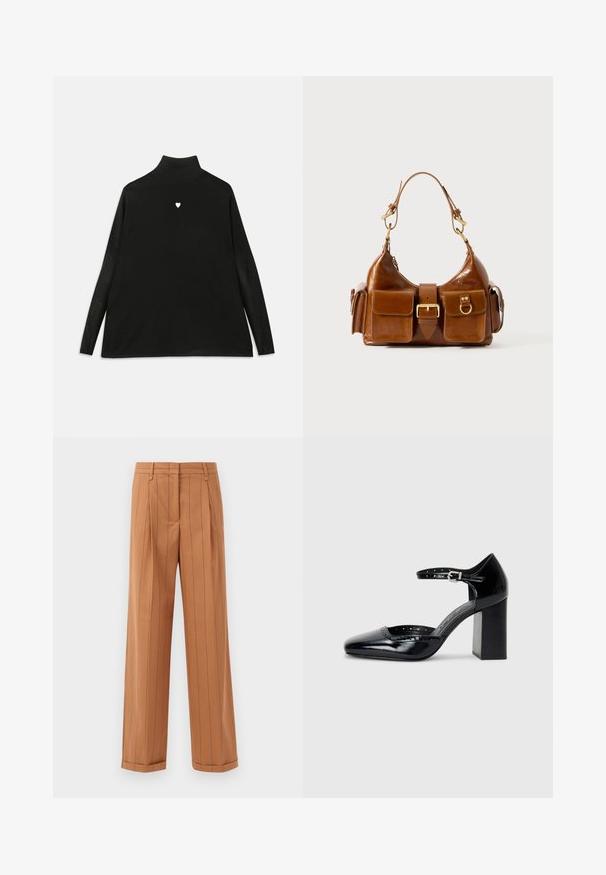 Fekete garbó, hosszú ujjakkal, kis fehér szív emblémával a mellkason. Puha anyagú és laza szabású.; Barna csíkos nadrág, elegáns szabással, pliszírozott részletekkel, egyenes fazonnal és felhajtott szegéllyel. Simító anyagból készült.; Fekete patent bőr, magas sarkú cipők négyzetes orral, bokapánttal és vastag sarkal. A szélén lyukacsos díszítéssel.; Barna bőrtáska ívelt formával, dupla aranyszínű fémhardverrel, két elülső zsebbel és széles pánttal. Simán textúra elegáns kivitelben.