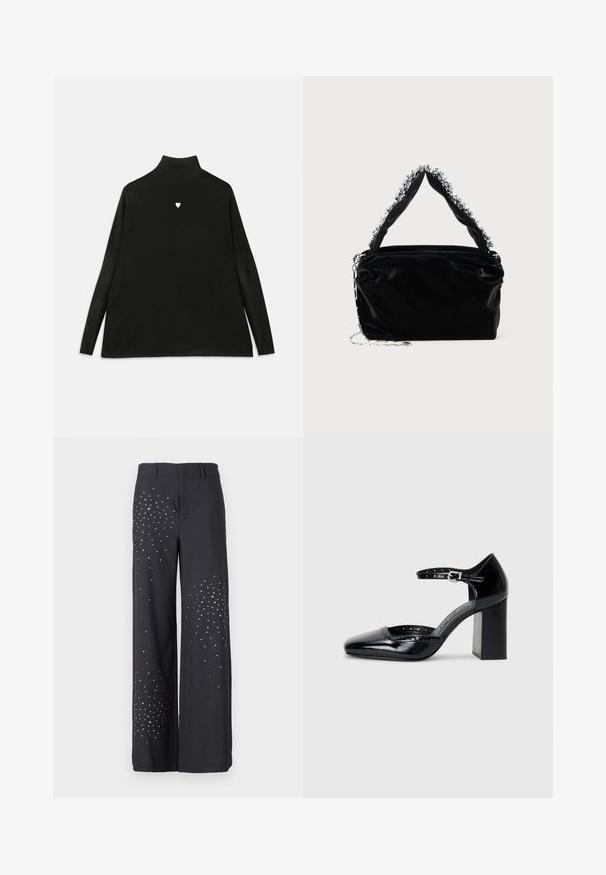 Sort turtleneck sweater med lange ærmer, prydet med et lille hvidt hjerteemblem på brystet. Blødt stof og afslappet pasform.; Breddebukser i mørkegrå stof med sølvudsmykninger spredt i et gradientmønster på den ene side. Skræddersyet talje med bæltestropper.; Sorte patenterede læder højhælede sko med firkantet tå, ankelrem og en kraftig hæl. Inkluderer perforerede detaljer langs kanten.; Sort faux læder håndtaske med en tekstureret overflade, der har en perlesmykke i sølv langs det øverste håndtag og en kædestrop.