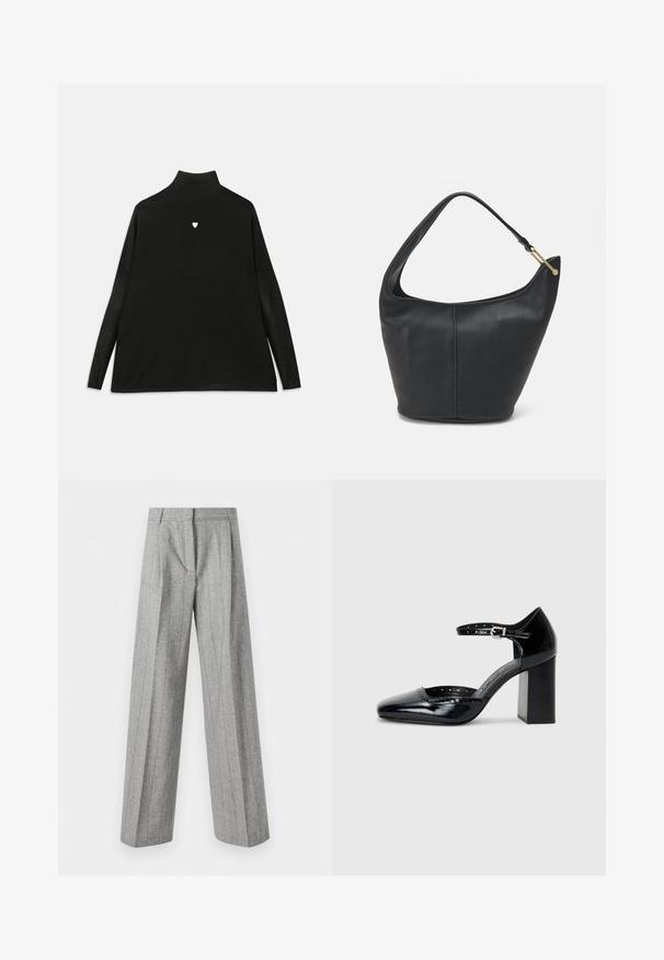 Črna rolka s dolgimi rokavi, ki ima majhen bel srčni emblem na prsih. Mehak material in sproščen kroj.; Sive hlače visokog struka s vertikalnim trakama i širokim ravnim nogavicama, prikazane na beo pozadini.; Črne lakirane usnjene čevlje s peto, kvadratnim izrezom, trakovi okrog gležnja in masivno peto. Vsebujejo perforirane detajle ob robu.; Črna usnjena torbica ovalne oblike, s širokim pasom in teksturirano površino. Ima subtilno šivano podrobnost in zlate dodatke.