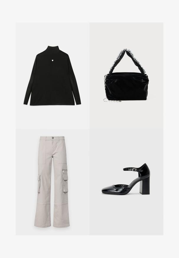 Mustalane särk pikki varrukatega, millel on rinna peal väike valge südame sümbol. Pehme kangas ja mugav lõige.; Heledad hallhalli püksid laiadest säärest, mitme taskuga ja tekstuurne kangas. Omab nähtavat õmblust ja nuppe.; Mustad lakknahk kingad kõrge kontsaga, ruudukujulise varbaga, pahkluu rihmaga ja paksu kontsaga. Sisaldab perforatsioonidega detaile ääres.; Must mustrepp nahkakäekott, millel on tekstuuriga viimistlus, esitades pehme hõbedase aktsendi pealt käepideme juures ja kettainet.