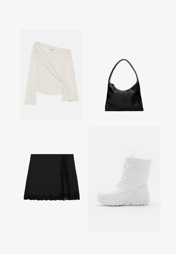 Długi rękaw, bluzka na jedno ramię w miękkim, kremowym kolorze. Posiada skręcony przód oraz marszczenie po bokach dla dopasowanego sylwetki.; Even&Odd - Spódnica mini; Białe wodoodporne zimowe buty z ocieplaną cholewką, teksturowanym wzorem, regulowanymi sznurówkami i sztywną gumową podeszwą zapewniającą dobrą przyczepność.; Czarna skórzana torba na ramię o gładkiej fakturze, zaokrąglonym wierzchu i pojedynczym pasku. Posiada zamek błyskawiczny i minimalistyczny design.