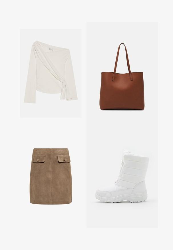 Dugih rukava, top bez ramena od meke, kremaste tkanine. Sadrži uvijeni prednji detalj i bočno nabrane dijelove za prilagođeni siluetu.; Smeđa nubuk mini suknja s glatkom teksturom, koja ima dva prednja džepa s preklopom i dugmad za zatvaranje s obje strane. Jednostavan, ravni dizajn.; Bijele vodootporne zimske čizme s podstavljenim gornjim dijelom, teksturiranim dizajnom, podesivim vezicama i robusnom gumom potplatom za prianjanje.; Smeđa kožna torba preko ramena s glatkom teksturom, otvorenim vrhom i dvjema naramenicama. Ima minimalne šavove i nema vidljivog hardvera.