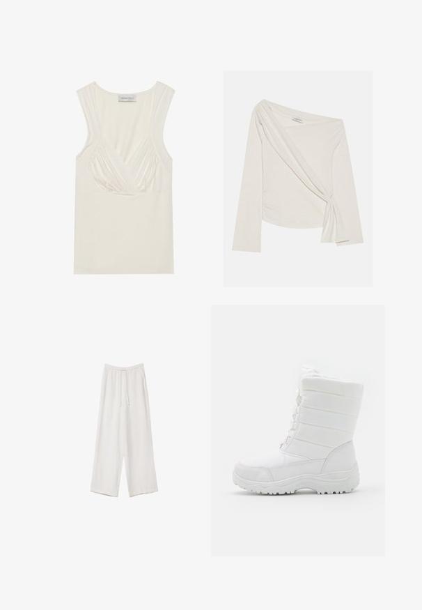 Long-sleeve, off-shoulder top in a soft, cream-colored fabric. Features a twisted front detail and side ruching for a fitted silhouette.; Cream-colored sleeveless top with a V-neck and gathered detailing at the sides, made from soft, stretchy material. Tag reads "ANNA FIELD."; White wide-leg trousers made from a lightweight fabric. Features an elastic waistband with a drawstring and side pockets. Smooth texture.; White waterproof winter boots with a padded upper, textured design, adjustable laces, and a rugged rubber sole for traction.
