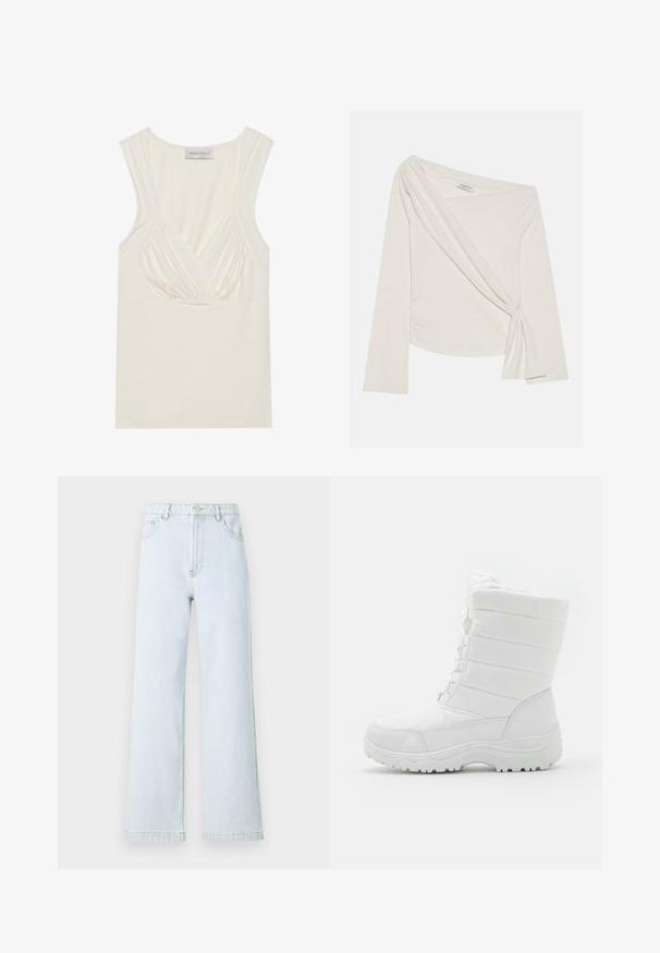 Long-sleeve, off-shoulder top in a soft, cream-colored fabric. Features a twisted front detail and side ruching for a fitted silhouette.; Cream-colored sleeveless top with a V-neck and gathered detailing at the sides, made from soft, stretchy material. Tag reads "ANNA FIELD."; Light blue denim wide-leg jeans with a high waist, five-pocket design, and gold stitching details. Smooth texture and straight cut.; White waterproof winter boots with a padded upper, textured design, adjustable laces, and a rugged rubber sole for traction.