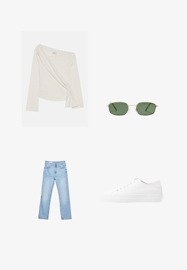 Pitkähihaisessa, paljastettuna olkapäillä olevassa paidassa on pehmeä, kermaisen värinen kangas. Siinä on kierretty etuosa ja sivuilla rypytys, mikä luo istuvan siluetin.; Vaaleansiniset farkut suoran leikkauksen, viiden taskun muotoilun ja näkyvän ompelun kanssa. Keskikorkea vyötärö, jossa on perinteinen nappi- ja vetoketjukiinnitys.; Valkoiset kangaskengät matalalla varrella, pyöreä kärki, kuusi rei'itystä ja rakenteellinen kumipohja. Sujuva materiaali, jossa on minimoitu koristeellisuus.; Aurinkolasit, joissa on kultainen metallikehys, vihreät linssit, suorakulmainen muoto ja kirkkaat muoviset nenätyynyt. Ohut ja hoikka varsi, jossa on minimaalinen muotoilu.; Musta tekonahkalaukku, jossa on tikattu pinta, kaareva muoto, hopeinen ketjuolkaintai ja pieni logovariointi etupuolella.