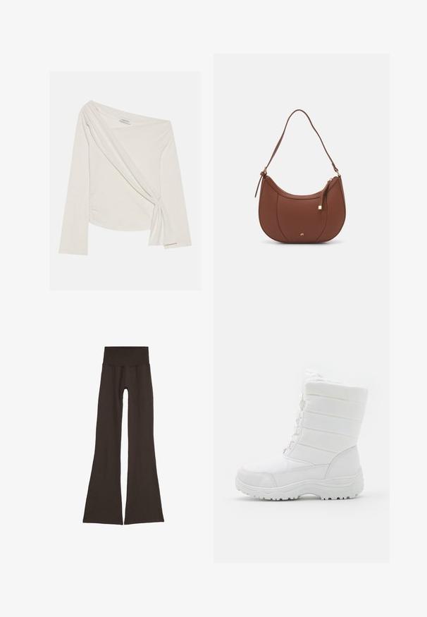 Langärmeliges, schulterfreies Oberteil aus einem weichen, cremefarbenen Stoff. Besitzt ein gedrehtes Frontdetail und seitliches Raffen für eine figurbetonte Silhouette.; Dunkelbraune ausgestellte Leggings mit einem breiten, gerippten Taillenbund. Hergestellt aus weichem, dehnbarem Material, mit einem nahtlosen Design und ohne sichtbare Beschläge.; Weiße wasserdichte Winterstiefel mit einem gepolsterten Schaft, strukturiertem Design, verstellbaren Schnüren und einer robusten Gummisohle für guten Halt.; Braune Kunstleder-Schultertasche mit geschwungener Form, minimaler Naht und goldfarbener Hardware-Akzent. Verfügt über einen oberen Reißverschluss und einen verstellbaren Trageriemen.