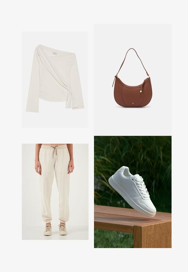 Pitkähihaisessa, paljastettuna olkapäillä olevassa paidassa on pehmeä, kermaisen värinen kangas. Siinä on kierretty etuosa ja sivuilla rypytys, mikä luo istuvan siluetin.; Vaaleanbeige juoksuhousut, joissa on joustovyötärö ja nauhakuja, kahdella suurella etutaskulla ja joustavat hihnat nilkoissa.; Valkoiset tennarit, joissa on sileä synteettinen päällinen, rei'itetty varvasosa, litteät nauhat ja teksturoitu pohja, esillä puupinnalla.; Ruskea keinonahkainen olkalaukku, jossa on kaareva muoto, minimaalinen ompelu ja kultasävyinen varuste. Varustettu ylhäältä avautuvalla vetoketjullisella suljennalla ja säädettävällä hihnalla.