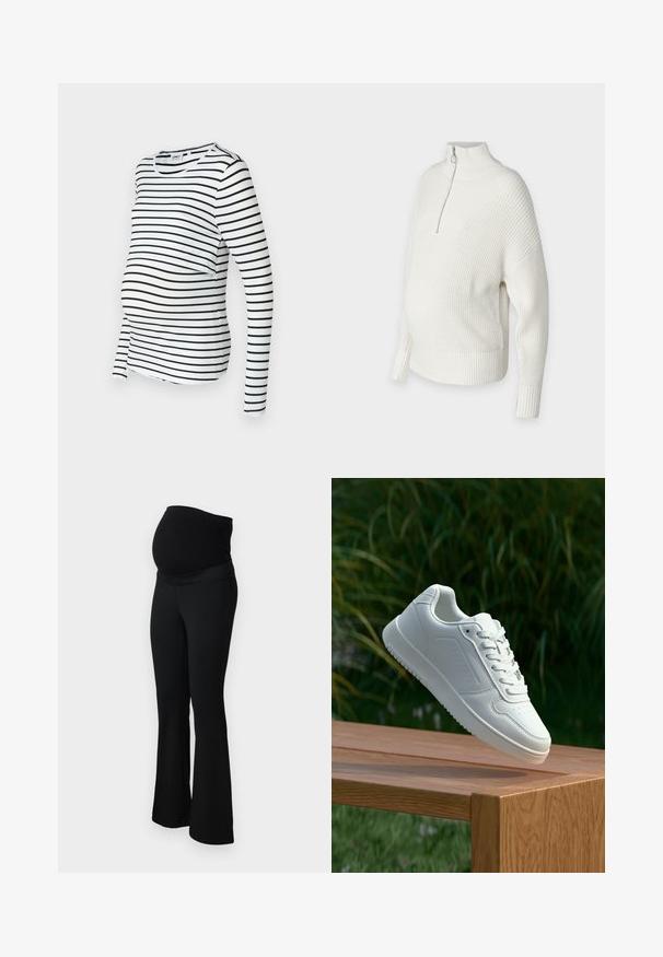 Biały sweter z dzianiny z wysokim kołnierzem, półsupełkiem i prążkowanymi mankietami. Zaprojektowany w luźnym kroju z bocznymi rozcięciami dla dodatkowego komfortu.; Czarnobiała, paskowana bluzka ciążowa z długim rękawem, okrągłym dekoltem i marszczeniem z boku, które pozwala na wygodne noszenie rosnącego brzucha. Wykonana z miękkiego materiału.; ONLY MATERNITY OLMPAIGE czarny; Biały sneaker z gładką syntetyczną cholewą, perforowanym noskiem, płaskimi sznurowadłami i teksturowaną podeszwą, wyeksponowany na drewnianej powierzchni.