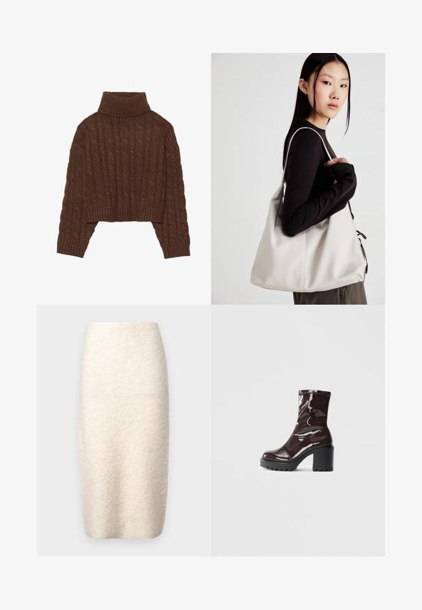 Pulover scurt din lână tricotat maro, cu guler înalt și mâneci lungi, având o margine striată și un model texturat pe întreaga suprafață.; Fustă crem, până la genunchi, fabricată dintr-un material texturat, având o formă ajustată, cu un talie netedă și fără închideri vizibile.; Botine lucioase burgundy, cu toc gros negru, având o textură netedă și un design simplu. Fără închideri sau modele vizibile.; Geantă bej din material moale, cu un design lejer, detalii cusute și două bretele pentru umăr. Potrivită pentru utilizarea zilnică.