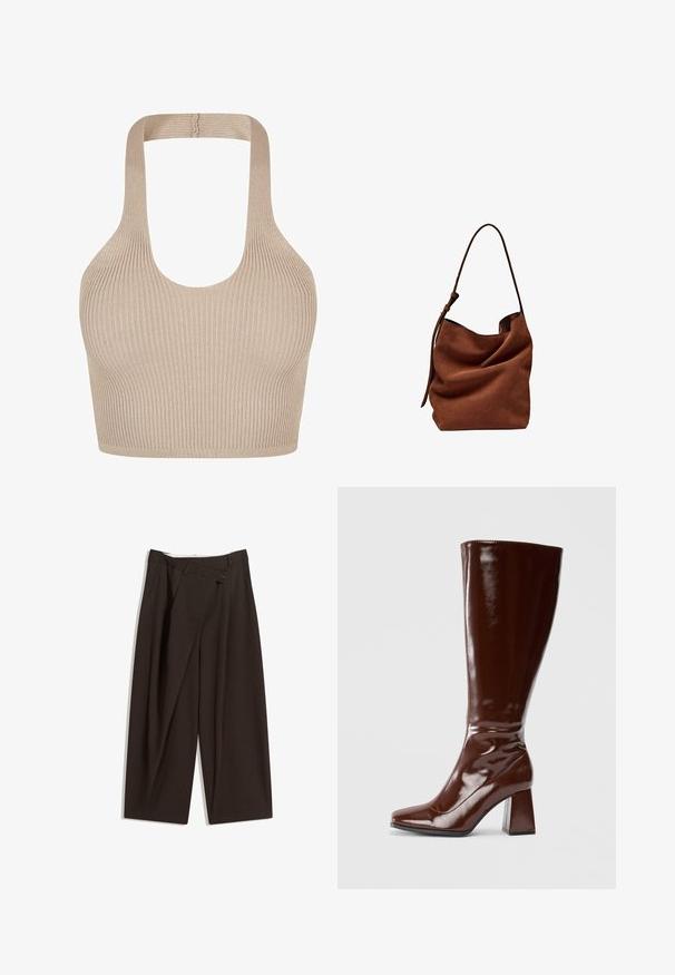Brun kabelstrikket cropped sweater med høj turtleneck og lange ærmer, med ribbet kant og struktureret mønster over det hele.; Ribbet strikket bralette i beige med en scoop halsudskæring, brede stropper og et tætsiddende design for støtte og komfort. Glat tekstur uden dekorationer.; Mørkebrune brede bukser med høj talje, udstyret med en enkelt knaplukning og en plisseret front. Lavet af letvægtsstof.; Knæhøje brune patentlæderstøvler med firkantet tå, glansfuld finish og en kraftig hæl for stabilitet. Sømløs design uden synligt hardware.; Brun ruskinds skuldertaske med en blød, slaskende form og en enkelt lang rem, der har en subtil, glat tekstur og ingen synlig hardware.