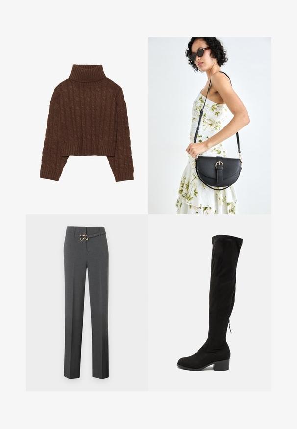 Smeđi ugrijani, skraćeni džemper s visokim ovratnikom i dugim rukavima, s rebrastim donjim rubom i teksturiranim uzorkom kroz cijeli dio.; Tamno sive krojene ženske hlače s ravnim nogavicama i tankim odgovarajućim remenom sa zlatnim kopčanjem.; Crne čizme iznad koljena izrađene od mekog nubuk materijala, s blok petom i bočnim patentnim zatvaračem za jednostavno obuvanje. Glatka tekstura.; Crna kožna torba s lukovitim oblikom, odvojivim remenom i zlatnim detaljima. Torba ima preklop s kopčom.