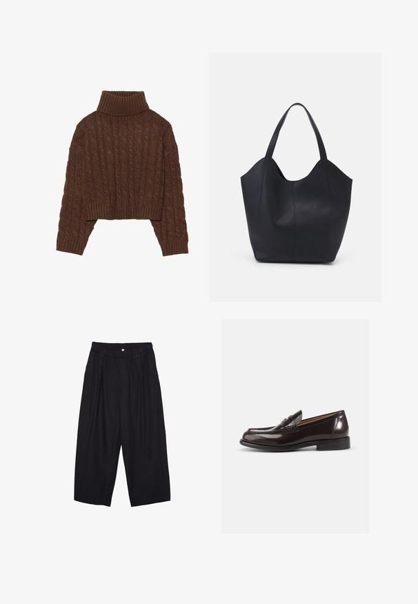 Brun kabelstickad korttröja med hög polokrage och långa ärmar, prydd med en ribbad nederkant och en texturerad mönstring genom hela plagget.; Svarta polyester culottbyxor med elastisk midja, två framfickor och en lös silhuett. Inga synliga mönster eller hårdvarudetaljer.; Burgunderfärgade läderloafers med en glänsande yta, med en sydd tå och ett litet dekorativt band framtill. Låg klack i staplad stil.; Svart tote-väska i slät läder, med en böjd, öppen topp, två axelremmar och en minimalistisk design.