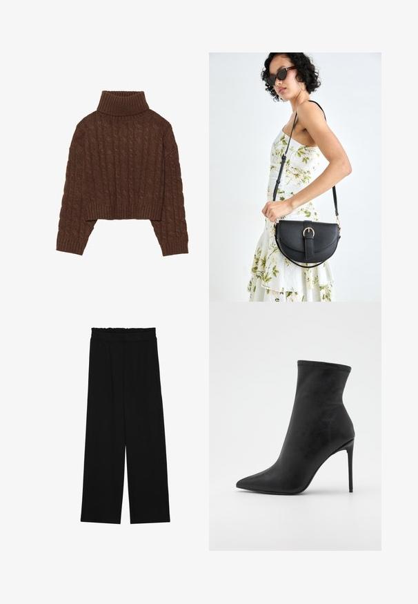 Brązowy sweter cropped z dzianiny o splocie w warkocze, z wysokim kołnierzem typu golf i długimi rękawami, z prążkowanym wykończeniem i teksturowanym wzorem na całej powierzchni.; Czarne spodnie typu wide-leg z falbaną w pasie, z dwoma bocznymi kieszeniami i gładkim, lekkim materiałem. Brak widocznych wzorów lub elementów metalowych.; Czarny botek za kostkę wykonany z gładkiej ekoskóry, z ostrym noskiem i cienką szpilką. Smukły, dopasowany design bez widocznych elementów metalowych.; Czarna skórzana torebka o zakrzywionym kształcie, z odpinanym paskiem i złotymi akcentami. Torebka posiada klapę z zapięciem w kształcie klamry.