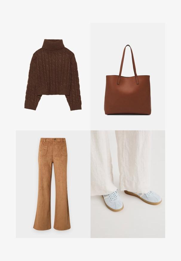 Brun kabelstickad korttröja med hög polokrage och långa ärmar, prydd med en ribbad nederkant och en texturerad mönstring genom hela plagget.; Bruna mockaskinnsbyxor med vida ben som har hög midja, fram- och bakfickor samt en slät yta. Designade för en avslappnad passform genom hela benet.; Ljusblå mockaskor med vita detaljer, rund tå och platt gummisula, i kombination med krämfärgade, vida linnebyxor.; Brun läder tote-väska med en slät textur, öppen toppdesign och två axelremmar. Har minimal söm och ingen synlig metalldetalj.