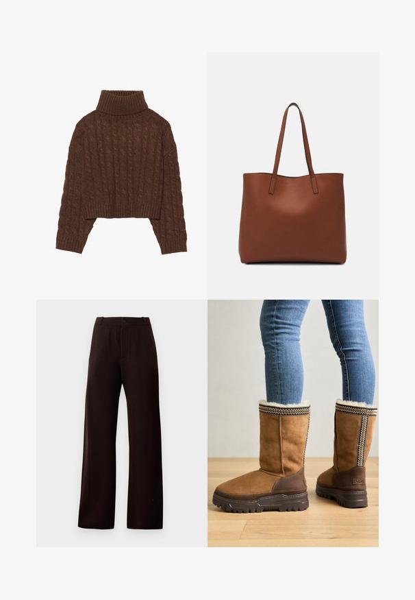 Brown cable-knit cropped sweater with a high turtleneck and long sleeves, featuring a ribbed hem and textured pattern throughout.; Dark brown wide-leg trousers with zipper fly, button closure, and belt loops, displayed on plain background.; UGG CLASSIC TALL TRAILGAZER - Winter boots - chestnut; Brown leather tote bag with a smooth texture, open top design, and two shoulder straps. Features minimal stitching and no visible hardware.