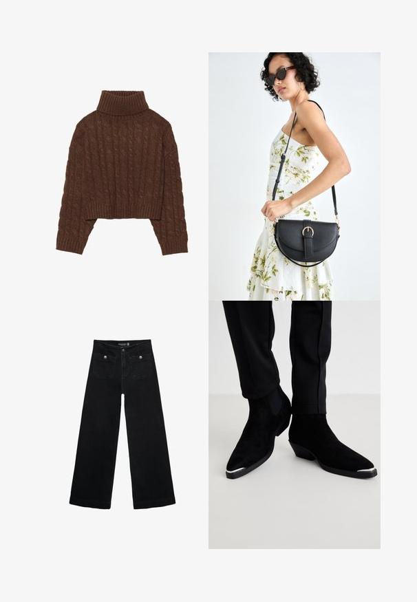 Hnědý svetr s pleteným vzorem, zkrácený, s vysokým rolákem a dlouhými rukávy, s žebrovaným lemem a texturovaným vzorem po celém povrchu.; Černé široké džíny s vysokým pasem, obsahující dvě přední kapsy a kovové knoflíkové detaily. Látka má hladkou texturu.; Černé semišové kotníkové boty s špičatou špičkou a nízkým podpatkem. Mají stříbrný špičkový kryt a elastické postranní panely. Nosené s černými zúženými kalhotami.; Černá kožená kabelka s křivkovým tvarem, odnímatelným popruhem a zlatými detaily. Kabelka má klopu s přezkou.