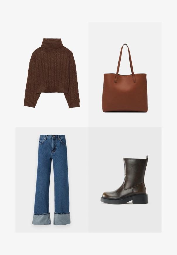 Rjav kabelski pleten krojen pulover s visokim izdelkom za vrat in dolgimi rokavi, s težkim robom in teksturiranim vzorcem po celotni površini.; Široke modre denimske hlače z raztrganim robom in srebrnimi okrasnimi detajli na manšetah. Imajo gumba za zapiranje in pet žepov.; Temno rjave usnjene čevlje do sredine meč z zaobljenim nosom, debelim črnim podplatom, nizkim blokastim petam in zanko za pomoč pri obuvanju na zadnji strani.; Rjava usnjena torba z gladko teksturo, odprto zasnovo zgoraj in dvema naramnima trakovoma. Opremljena je z minimalnim šivanjem in brez vidnih kovinskih delov.