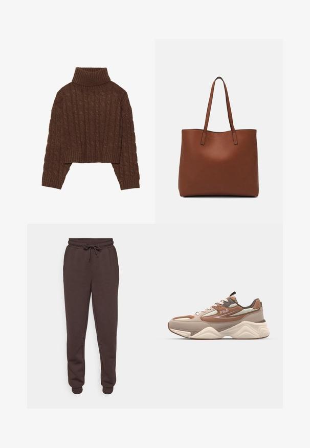 Bruine kabelgebreide cropped trui met een hoge col en lange mouwen, voorzien van een geribde zoom en een gestructureerd patroon in het geheel.; Bruine sweatpants met een elastische tailleband en trekkoord. Bevat zijzakken en ribgebreide boorden bij de enkels. Gladde textuur.; Fila RECADE - Sneakers laag - oxford tan/pale mauve; Bruine leren tote bag met een gladde textuur, een ontwerp met een open bovenkant en twee schouderbanden. Kenmerkt zich door minimale stiksels en geen zichtbare hardware.