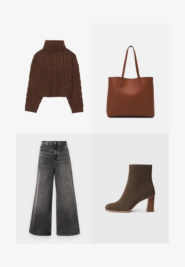 Ruda kabelio austas trumpas megztinis su aukštu apykakle ir ilgomis rankovėmis, su įpjovimu apačioje ir tekstūrine rašte visame megztinyje.; Plačios juodos džinsinės kelnės su blukinta danga, penkių kišenių dizainu ir mygtuko užsegimu juosmens srityje, su pasiūtais akcentais.; Rudi zomšos auliniai batai su apvaliu nosiu ir sudėtiniais, struktūriniais kulnais. Lygi išorė be matomų užsegimų ar puošmenų.; Ruda odinė priekabų krepšys su glotnia tekstūra, atviru viršumi ir dviem petnešomis. Su minimalia siuvimo detalėmis ir nematoma aparatūra.