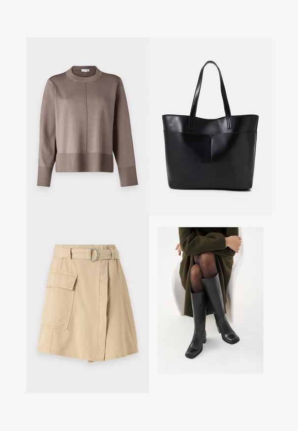 Pulover tricotat maro cu un guler înalt, mansete și tiv în dantelă, și o textură netedă. Prezintă o cusătură pe mijlocul frontal pentru un detaliu suplimentar.; Fustă din bumbac bej cu o buzunar lateral, talie accesorizată cu o curea ce are un inel argintiu și o formă ușor în A. Textură netedă și design simplu.; Cizme din piele neagră, până la genunchi, cu vârf pătrat și toc bloc, prezentate pe un model așezat într-o haină verde măsline. Textură netedă, detalii minime.; Geantă oversized din piele neagră, cu două mânere lungi, de textură netedă și formă structurată. Are un buzunar frontal pentru stocare suplimentară.