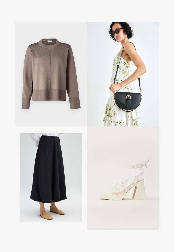 Rudas megztinis su aukštu kaklu, raukšlėtais rankogaliais ir apvadu, taip pat glotnia tekstūra. Pridedama siūlė per priekinę dalį, kad būtų suteiktas papildomas akcentas.; Juoda midi sijonas su tekstūruota paviršiumi, turintis elastingą juosmenį ir plaukiančią siluetą. Pora su kreminės spalvos plokščiomis bateliais.; Balti aukštakulniai sandalai su masyviu kulnu, su dirželių dizainu ir kulkšnies raiščiu. Lygi tekstūra su platforma priekyje, suteikianti papildomą aukštį.; Juodas odinis krepšys su išlenkta forma, nuimamu dirželiu ir auksiniais detalėmis. Krepšys turi kilpą su sagtimi.