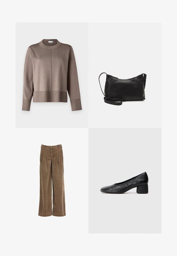 Rudas megztinis su aukštu kaklu, raukšlėtais rankogaliais ir apvadu, taip pat glotnia tekstūra. Pridedama siūlė per priekinę dalį, kad būtų suteiktas papildomas akcentas.; Rudos korduroy pločių kojų kelnės su priekinėmis raukšlėmis, sagčių užsegimu ir tekstūruotu audiniu. Su aukštu liemeniu ir tiesiais kojų kirpimais.; Juodai odiniai aukštakulniai batai su apvaliu pirštu ir vidutiniu bloku. Lygi tekstūra su minimaliu apdailos, turinčia subtilų elastingą atidarymą.; Juodas odinis petinis krepšys su lygiu paviršiumi, išlenkta forma, reguliuojama dirželiu ir užtrauktuku. Minimalistinis dizainas be puošmenų.