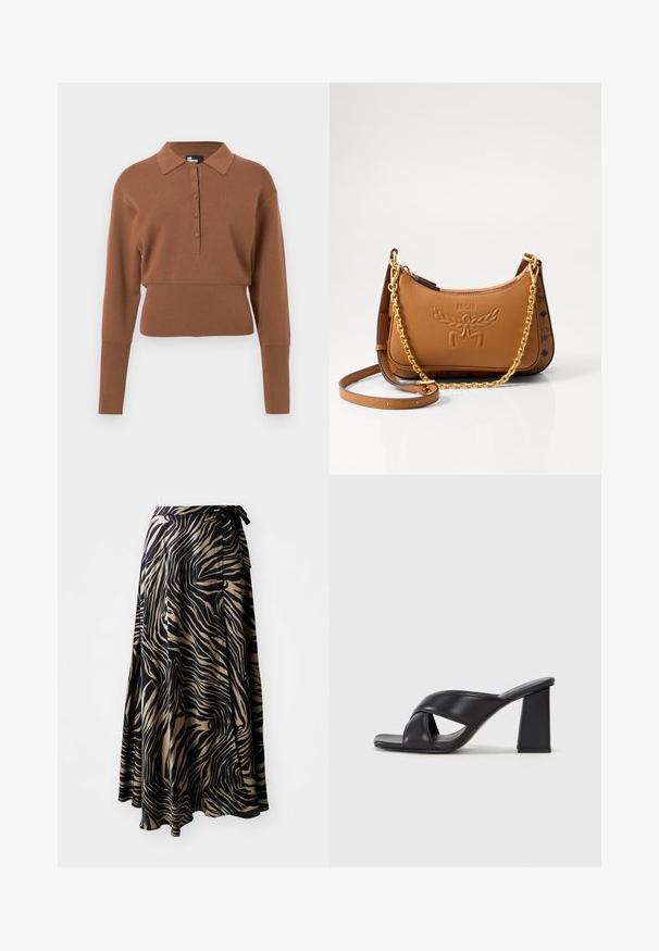 Brauner Strickpullover mit einem Kragenhals, fünf Knöpfen, langen Ärmeln und einem cropped Saum. Glatte Textur und taillierte Passform.; Wickelrock im schwarz-beigen Zebramuster. Hergestellt aus leichtem Stoff mit fließendem Design, ausgestattet mit einem Bindegürtel und asymmetrischem Saum.; MAX&Co. SOHO - High Heel Sandalette - schwarz; Braune Leder-Schultertasche mit geprägt Logo, goldener Kette und Lederhenkeln, geschwungener Form und dekorativen Akzenten an den Seiten.