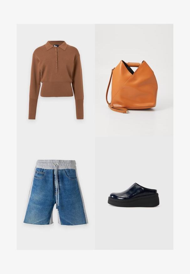 Bruine gebreide trui met een kraag, een knoopsluiting met vijf knopen, lange mouwen en een cropped zoom. Glad textuur en aansluitend ontwerp.; Denim shorts met een grijze elastische tailleband, voorzien van een trekkoord. Het ontwerp omvat zijzakken en heeft een kleurblokken uitstraling.; Navyblauwe gepatenteerde lederen klomp met een gladde afwerking, voorzien van een dikke zwarte platformzool en zichtbare stiksels langs de onderkant.; Tan leren handtas met uniek driehoekig vouwontwerp, bovenhandvat en afneembare schouderriem op een witte achtergrond.