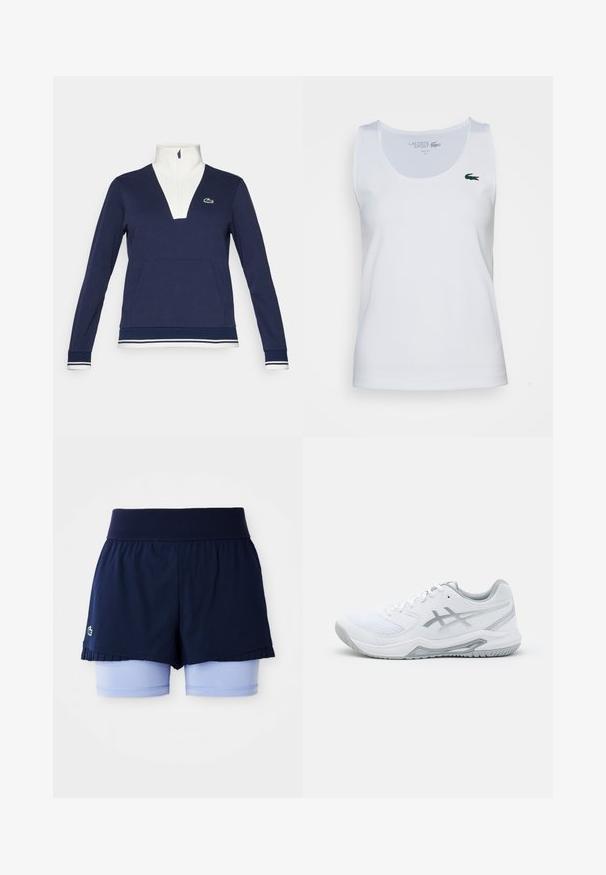 Navy half-zip pullover made of textured fabric, featuring a white collar and cuffs, kangaroo pocket, and a green Lacoste logo.; White sleeveless tank top, ribbed texture, features a slim fit. Includes a small green Lacoste logo on the left chest area.; Navy pleated tennis skirt with light blue fitted shorts underneath and a wide ribbed waistband.; White athletic shoe with mesh and synthetic materials, features gray accents and laces, textured sole, curved design, and logo detail.