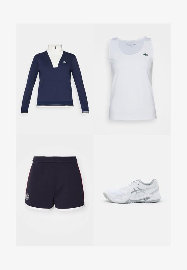 Jūras zila puszipa jaka, izgatavota no struktūras auduma, ar baltu apkakli un manšetēm, kanguru kabatu un zaļo Lacoste logo.; Balta bez piedurknēm T-krekls, ribota tekstūra, ar slaidu piegriezumu. Iekļauta neliela zaļa Lacoste emblēma kreisajā krūtī.; Jūras zila sporta šorti ar baltu un sarkanu sānu svītru, baltu apakšmalu un apļu logotipu uz kreisās kājas. Gluda auduma tekstūra.; Baltas sporta apavs ar acu izvirduma un sintētiskajiem materiāliem, ar pelēkām akcentēm un auklām, teksturētu zoli, izliekta dizaina un logotipa detaļām.