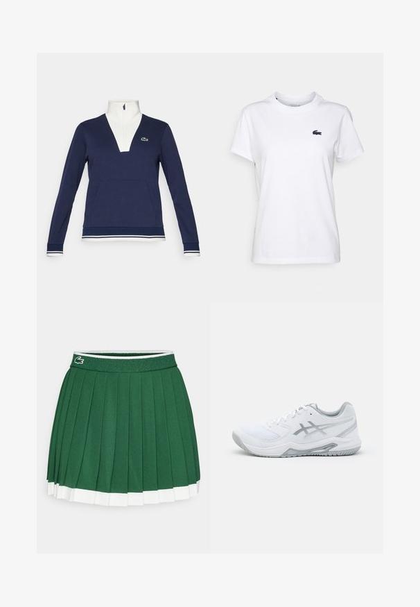 Navy half-zip pullover made of textured fabric, featuring a white collar and cuffs, kangaroo pocket, and a green Lacoste logo.; White cotton T-shirt with a round neck, short sleeves, and a small navy logo on the left chest. Smooth texture, casual design.; Green pleated skirt with a textured waistband. Features white accents at the hem and a small brand logo on the waistband.; White athletic shoe with mesh and synthetic materials, features gray accents and laces, textured sole, curved design, and logo detail.