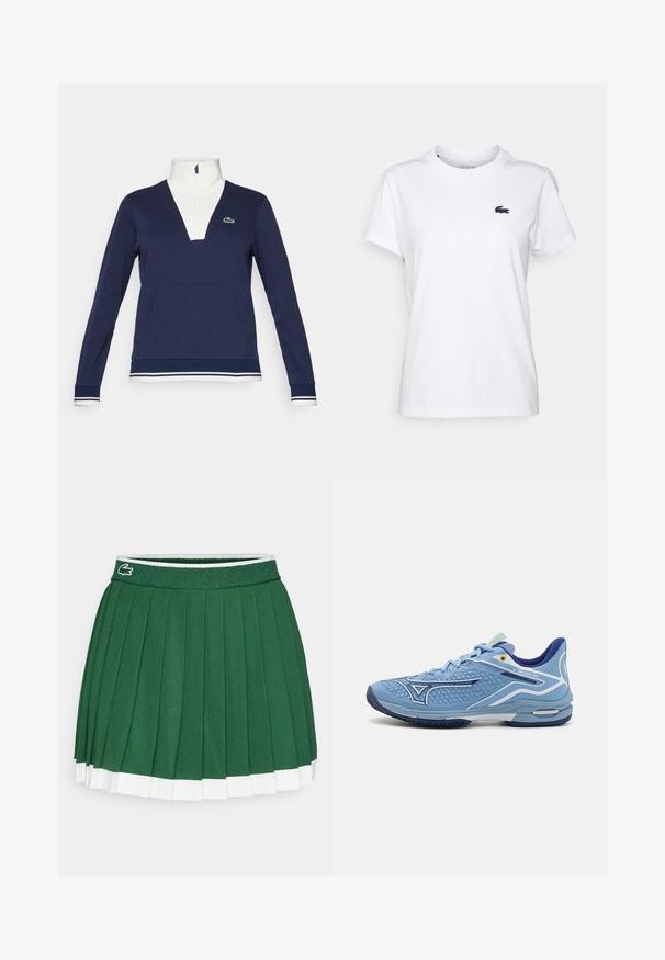 Jūrų jėgos pusiau užtrauktukas, pagamintas iš tekstūruoto audinio, su baltu apykakle ir rankogaliais, kengūros tipo kišene ir žaliu Lacoste logotipu.; Balta medvilnės marškinėliai su apvaliu kaklu, trumpomis rankovėmis ir mažuoju tamsiai mėlynu logotipu kairėje krūtinės pusėje. Lygi tekstūra, laisvalaikio dizainas.; Žalia plisuota sijonas su tekstūruotu juosmeniu. Savybės: baltos detalės ant apatinės krašto ir mažas prekės ženklas ant juosmens.; Šviesiai mėlynas sportinis batelis su tinklinio viršumi, baltais akcentais, apvaliu padu ir mėlynu gumuotu padu. Yra raišteliai ir paminkštintas apykaklė.