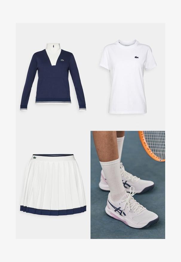 Jūras zila puszipa jaka, izgatavota no struktūras auduma, ar baltu apkakli un manšetēm, kanguru kabatu un zaļo Lacoste logo.; Balts kokvilnas T-krekls ar apaļu kakla izgriezumu, īsām piedurknēm un mazu tumši zilu logotipu kreisajā krūtī. Gluda tekstūra, ikdienišķs dizains.; Balta pliseju pieskārtā svārki ar tumši zilu jostu un apakšmalu. Izgatavoti no mīkstas auduma ar horizontālām svītrām jostā, kas radīta komfortam.; Baltas tenisa apavi ar teksturētu virsmu, tumši zilām akcentiem un gaiši rozā zolēm. Valkāti ar ribotām baltām zeķēm.