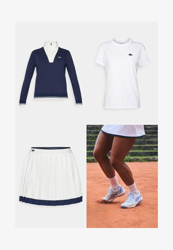 Navy half-zip pullover made of textured fabric, featuring a white collar and cuffs, kangaroo pocket, and a green Lacoste logo.; White cotton T-shirt with a round neck, short sleeves, and a small navy logo on the left chest. Smooth texture, casual design.; White pleated skirt with a navy blue waistband and hem. Features soft fabric with horizontal stripes on the waistband, designed for comfort.; Light blue athletic shoes with blue accents, textured sole, and cushioned design, paired with white crew socks, on a clay tennis court.