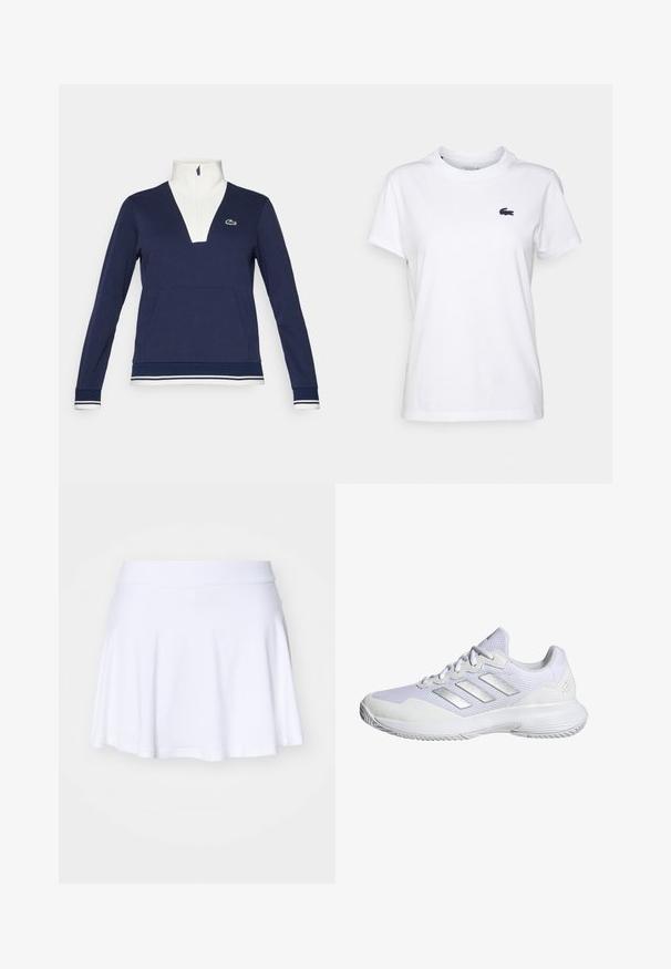 Jūras zila puszipa jaka, izgatavota no struktūras auduma, ar baltu apkakli un manšetēm, kanguru kabatu un zaļo Lacoste logo.; Balts kokvilnas T-krekls ar apaļu kakla izgriezumu, īsām piedurknēm un mazu tumši zilu logotipu kreisajā krūtī. Gluda tekstūra, ikdienišķs dizains.; Baltā skrituļdēļa svārki, izgatavoti no mīksta, elastīga auduma ar plašu jostu. Izceļas ar izplestu dizainu un gludu apakšmalu.; Baltas sporta apavi ar sieta virsējo daļu, teksturētām paneļiem un sudraba akcentiem. Iezīmēts ar polsterētu zoli un apaļu pirksta dizainu.