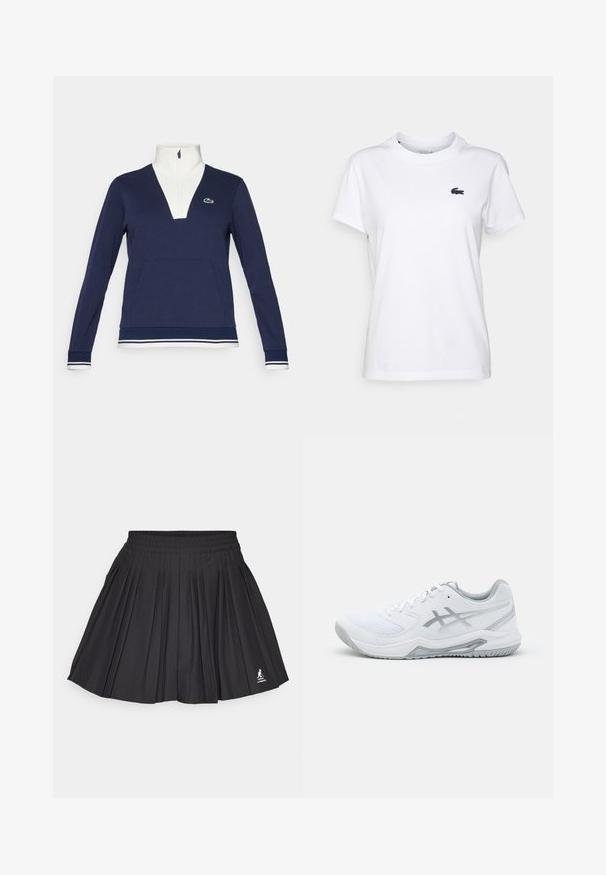 Marineblå half-zip pullover laget av teksturert stoff, med hvit krage og mansjetter, kengurulomme og grønt Lacoste-logo.; Hvit bomulls T-skjorte med rund hals, korte ermer og en liten marineblå logo på venstre bryst. Glatt tekstur, uformell design.; Svart plisserte skjørt med elastisk midje, med en logo nederst til høyre, satt mot en hvit bakgrunn.; Hvit treningsko i nett- og syntetiske materialer, med grå detaljer og snøring, teksturert såle, buet design og logo-detalle.