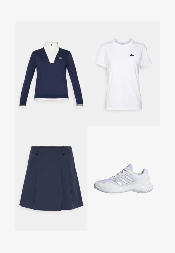 Pullover azul marinho com meia zip, feito de tecido texturizado, apresentando um colarinho e punhos brancos, bolso canguru e um logotipo verde da Lacoste.; T-shirt de algodão branca com decote redondo, mangas curtas e um pequeno logótipo azul-marinho no lado esquerdo do peito. Textura suave, design casual.; Saia pregueada azul marinho com cintura, feita de um tecido suave. Apresenta pregas bem definidas, uma bainha reta e detalhes de costura mínimos.; Sapatilha atlética branca com parte superior em malha, painéis texturizados e acabamentos em prata. Apresenta uma sola acolchoada e um design de bico redondo.
