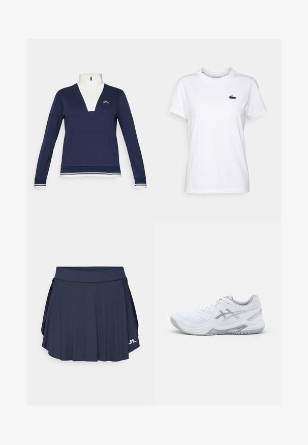 Sötétkék, félcipzáros pulóver texturált anyagból, fehér gallérral és mandzsettákkal, kenguruzsebbel és zöld Lacoste logóval.; Fehér pamut póló kerek nyakkal, rövid ujjakkal és egy kicsi sötétkék logóval a bal mellen. Sima textúra, laza dizájn.; Tengerészkék teniszszoknya pliszézett dizájnnal, elasztikus derékrésszel és logó részlettel az alján. Könnyű, légáteresztő anyagból készült.; Fehér sportcipő hálós és szintetikus anyagból, szürke kiemelésekkel és fűzőkkel, texturált talppal, ívelt dizájnnal és logó részlettel.