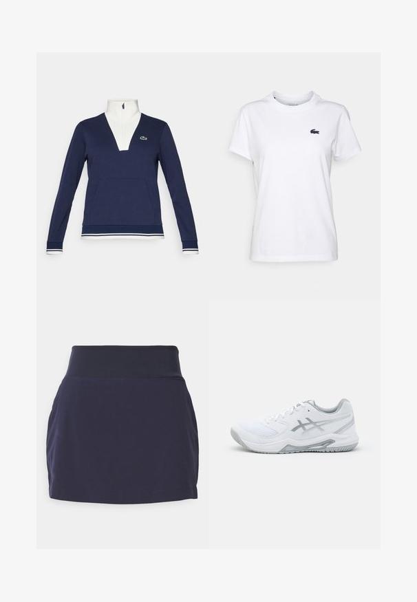 Marineblå half-zip pullover laget av teksturert stoff, med hvit krage og mansjetter, kengurulomme og grønt Lacoste-logo.; Hvit bomulls T-skjorte med rund hals, korte ermer og en liten marineblå logo på venstre bryst. Glatt tekstur, uformell design.; Mørkeblå idretts skjørt med bred elastisk midje, glatt stoff og en tettsittende silhuett. Ingen lommer eller særskilte mønstre synlige.; Hvit treningsko i nett- og syntetiske materialer, med grå detaljer og snøring, teksturert såle, buet design og logo-detalle.