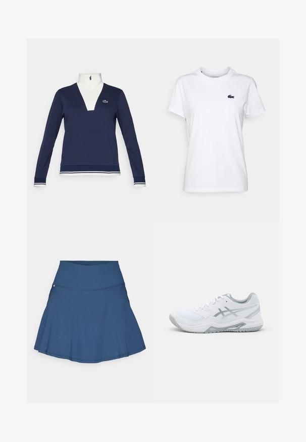 Jūras zila puszipa jaka, izgatavota no struktūras auduma, ar baltu apkakli un manšetēm, kanguru kabatu un zaļo Lacoste logo.; Balts kokvilnas T-krekls ar apaļu kakla izgriezumu, īsām piedurknēm un mazu tumši zilu logotipu kreisajā krūtī. Gluda tekstūra, ikdienišķs dizains.; Zila izplešusies tenisa svārki ar platām elastīgām jostām, izgatavoti no viegla auduma, ar tīru šuvumu un smalku logotipa akcentu.; Baltas sporta apavs ar acu izvirduma un sintētiskajiem materiāliem, ar pelēkām akcentēm un auklām, teksturētu zoli, izliekta dizaina un logotipa detaļām.