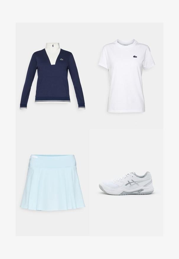 Sudadera de medio cierre en color navy hecha de una tela texturizada, con un cuello y puños blancos, bolsillo tipo canguro y un logotipo de Lacoste en verde.; Camiseta de algodón blanca con cuello redondo, mangas cortas y un pequeño logotipo azul marino en el lado izquierdo del pecho. Textura suave, diseño casual.; Falda atlética azul claro con un diseño acampanado, cinturilla elástica y una textura de tela suave. Cuenta con un bolsillo integrado discreto en el lateral.; Zapatilla deportiva blanca con materiales de malla y sintéticos, presenta acentos y cordones grises, suela texturizada, diseño curvado y detalle del logo.