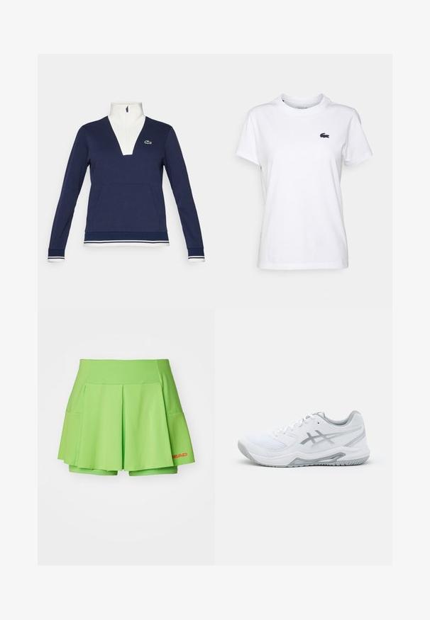 Sötétkék, félcipzáros pulóver texturált anyagból, fehér gallérral és mandzsettákkal, kenguruzsebbel és zöld Lacoste logóval.; Fehér pamut póló kerek nyakkal, rövid ujjakkal és egy kicsi sötétkék logóval a bal mellen. Sima textúra, laza dizájn.; Zöld teniszszoknya pliszé kialakítással, könnyű anyagból készült. Beépített shortokkal rendelkezik, és piros logó található az alsó jobb sarkában.; Fehér sportcipő hálós és szintetikus anyagból, szürke kiemelésekkel és fűzőkkel, texturált talppal, ívelt dizájnnal és logó részlettel.